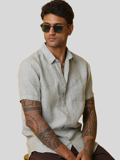 Men's Light Green Casual Half Sleeve Slim Fit Linen Shirt