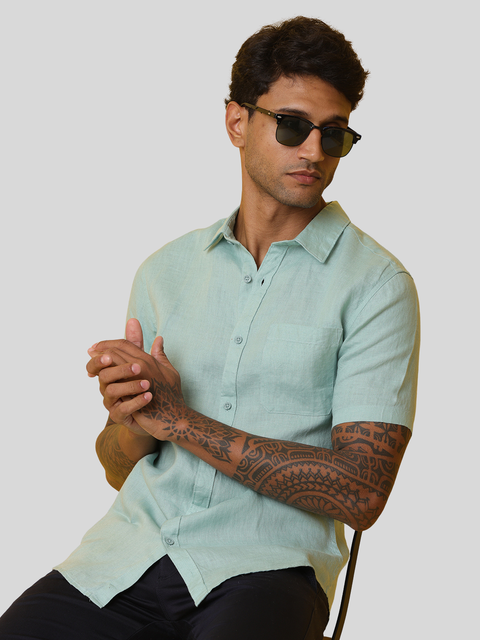 Men's Teal Casual Half Sleeve Slim Fit Linen Shirt
