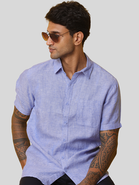Men's Blue Casual Half Sleeve Slim Fit Linen Shirt