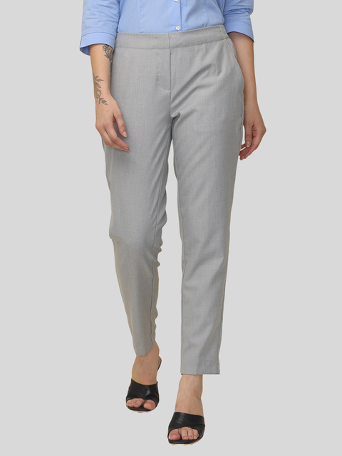 Women's Grey Checked Elasticated Slim Fit Formal Trouser