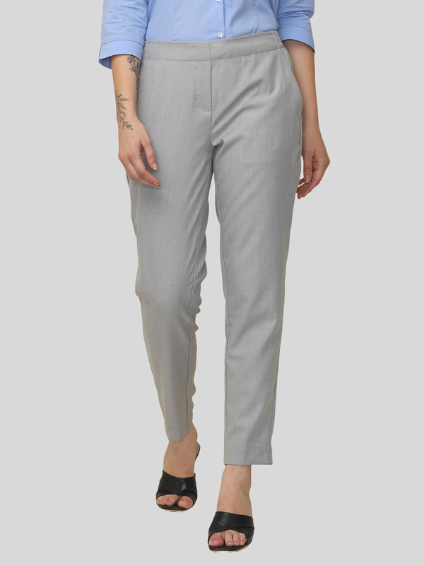 Women's Grey Checked Elasticated Slim Fit Formal Trouser