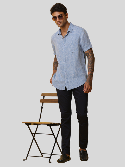Men's Blue Casual Half Sleeve Slim Fit Linen Shirt