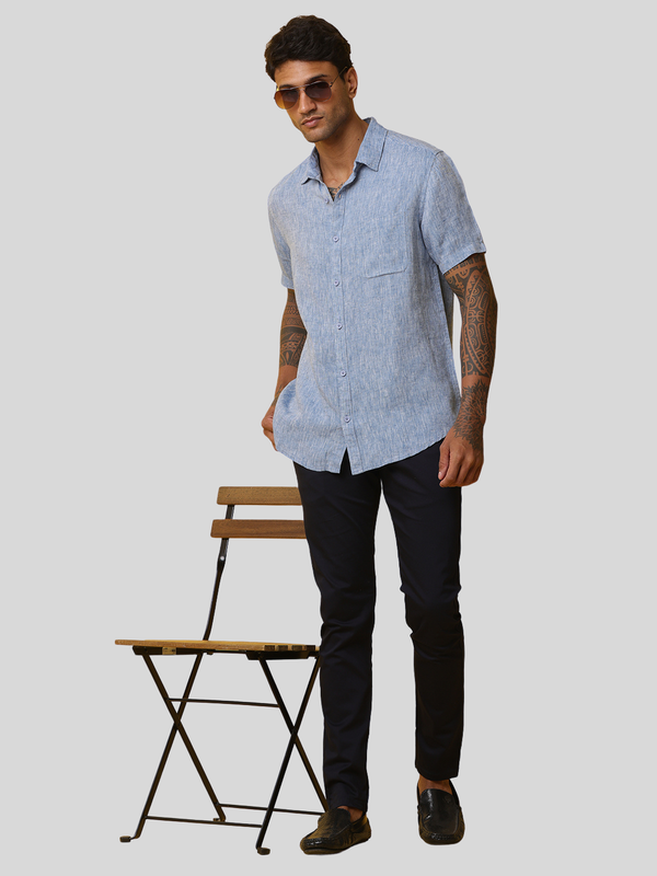 Men's Blue Casual Half Sleeve Slim Fit Linen Shirt