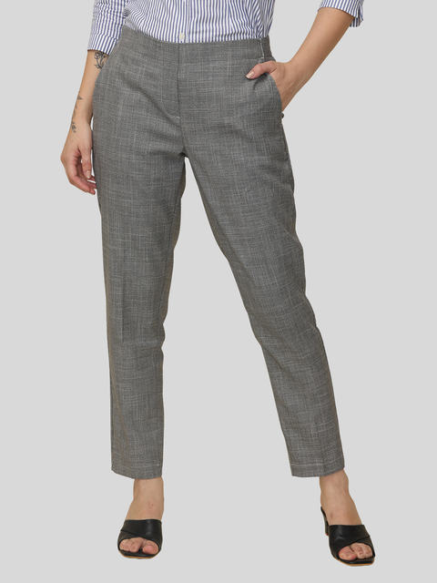 Women's Grey Elasticated Solid Formal Trouser