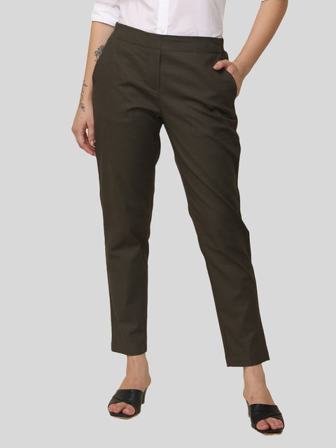 Women's Slim Fit Solid Elasticated Formal Trouser, Olive