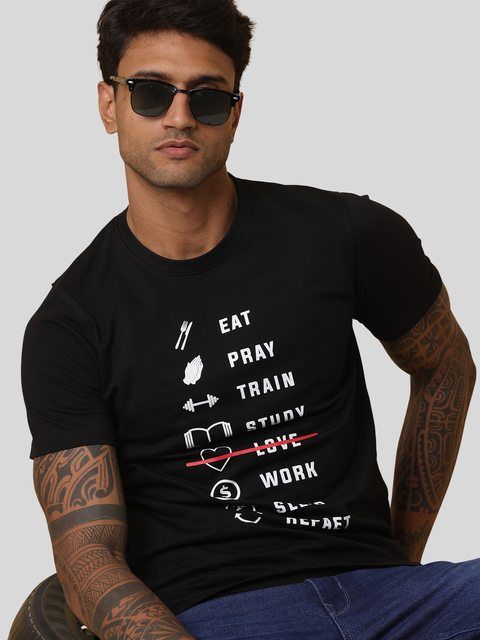 Men's Black Printed Round Neck T-Shirt