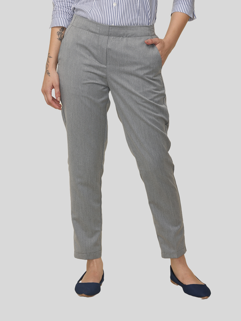 Women's Solid Grey Elasticated Slim Fit Formal Trouser