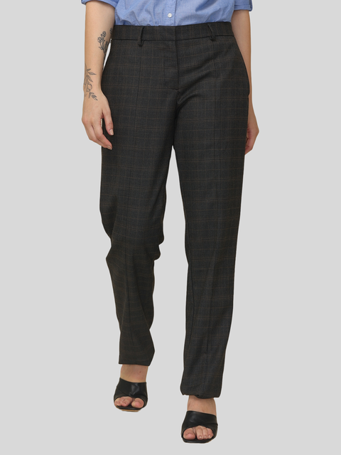 Women's Pleated Solid Formal Trouser, Black and Brown Checkered