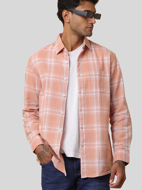 Men's Orange Slim Fit Checkered Casual Shirt