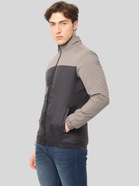 Men's Slim Fit Cut & Sew Full Sleeve Poly Fill Jacket, Black Grey