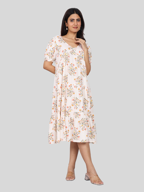 Women’s White Printed Regular Fit V-Neck Puff Sleeve Dress
