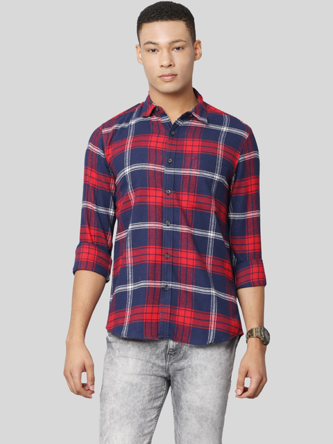 Men's Red and Navy Long Sleeve Checkered Casual Shirt