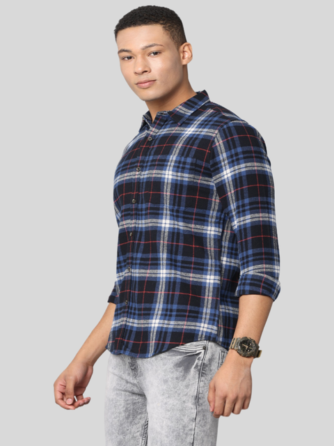 Men's Navy Blue Slim Fit Casual Full Sleeve Checkered Shirt