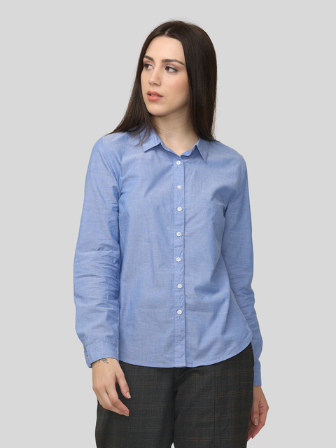 Women's Blue Solid Chambray Formal Shirt