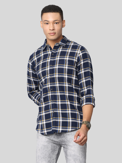 Men's Slim Fit Casual Full Sleeve Checkered Shirt, Navy Blue