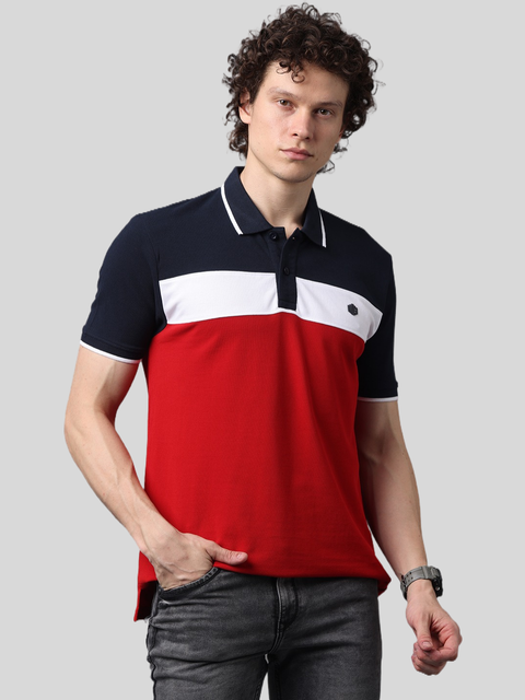 Men's Short Sleeve Cut and Sew Red and Navy Blue Contrast Polo T-Shirt