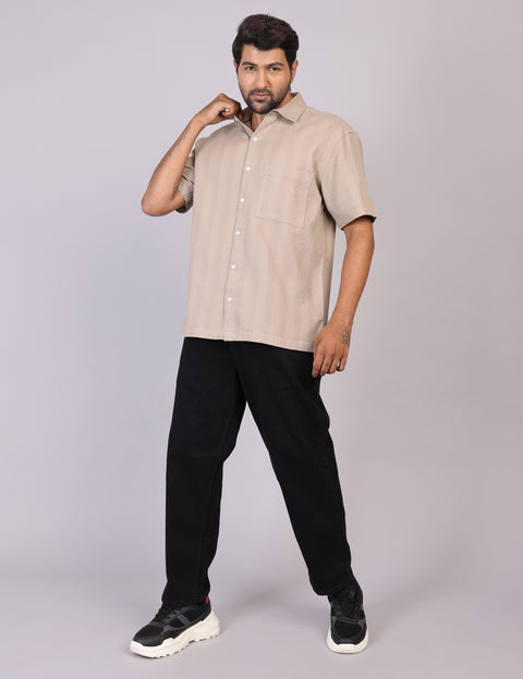 Men’s Beige Solid Oversized Shirt – Relaxed Fit | 100% Cotton