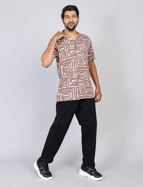 Men’s Brown Printed Half Sleeve Shirt – Regular Fit | 100% Rayon