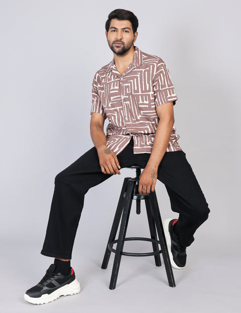 Men’s Brown Printed Half Sleeve Shirt – Regular Fit | 100% Rayon