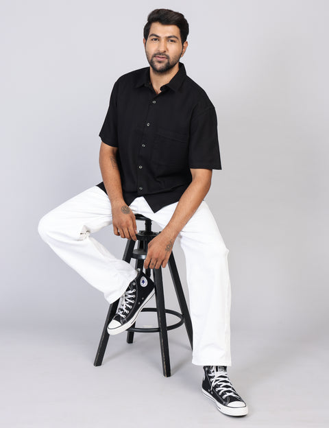 Men’s Black Solid Oversized Shirt – Relaxed Fit | 100% Cotton