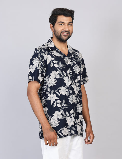Men’s Navy Printed Half Sleeve Shirt – Regular Fit | 100% Rayon