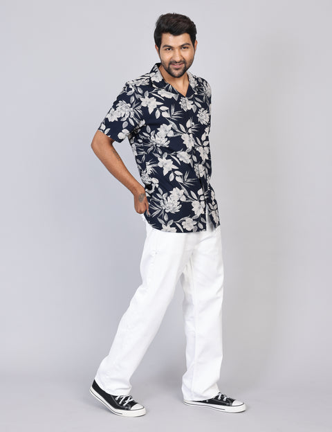 Men’s Navy Printed Half Sleeve Shirt – Regular Fit | 100% Rayon