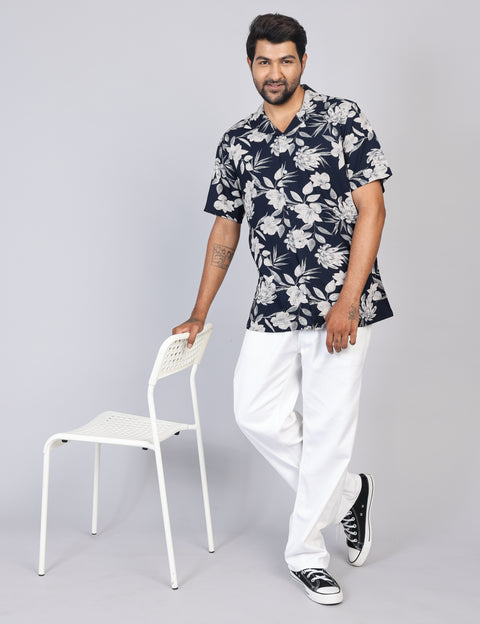 Men’s Navy Printed Half Sleeve Shirt – Regular Fit | 100% Rayon