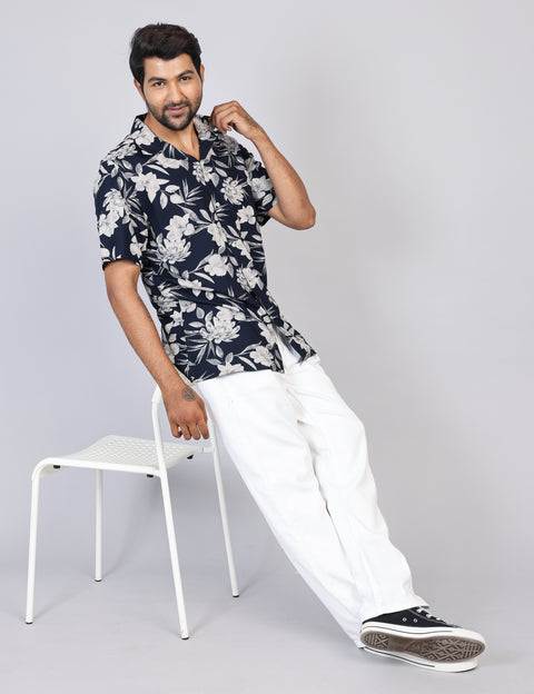 Men’s Navy Printed Half Sleeve Shirt – Regular Fit | 100% Rayon