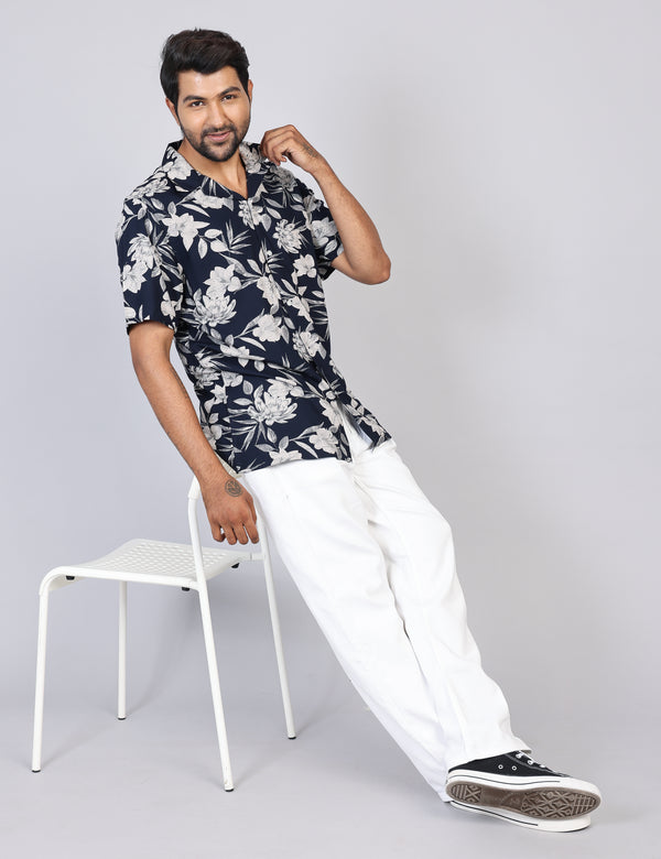 Men’s Navy Printed Half Sleeve Shirt – Regular Fit | 100% Rayon