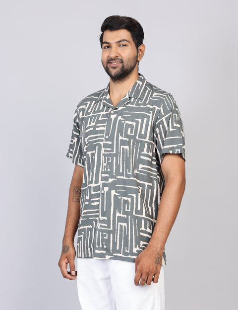 Men’s Green Printed Half Sleeve Shirt – Regular Fit | 100% Rayon