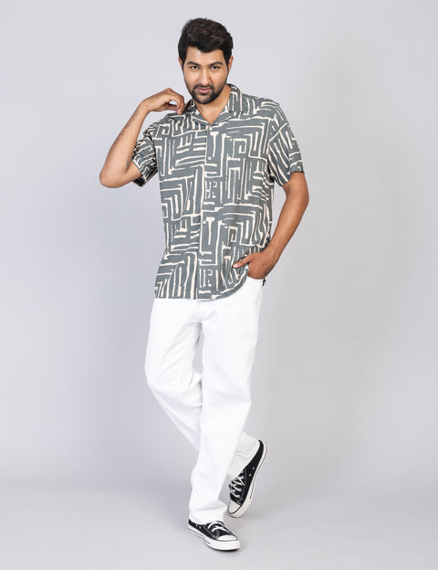 Men’s Green Printed Half Sleeve Shirt – Regular Fit | 100% Rayon