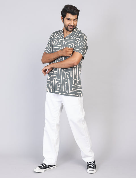 Men’s Green Printed Half Sleeve Shirt – Regular Fit | 100% Rayon