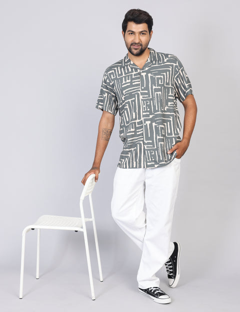 Men’s Green Printed Half Sleeve Shirt – Regular Fit | 100% Rayon