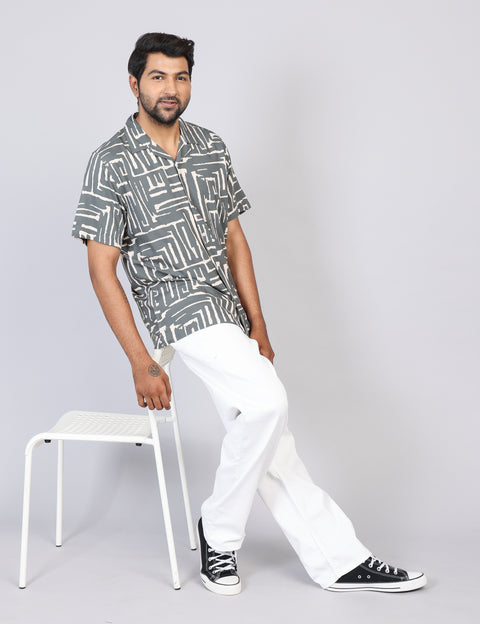 Men’s Green Printed Half Sleeve Shirt – Regular Fit | 100% Rayon