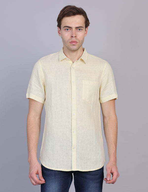 Wearhouse Men's Lemon Solid Half Sleeve Regular Fit Linen Blend Shirt