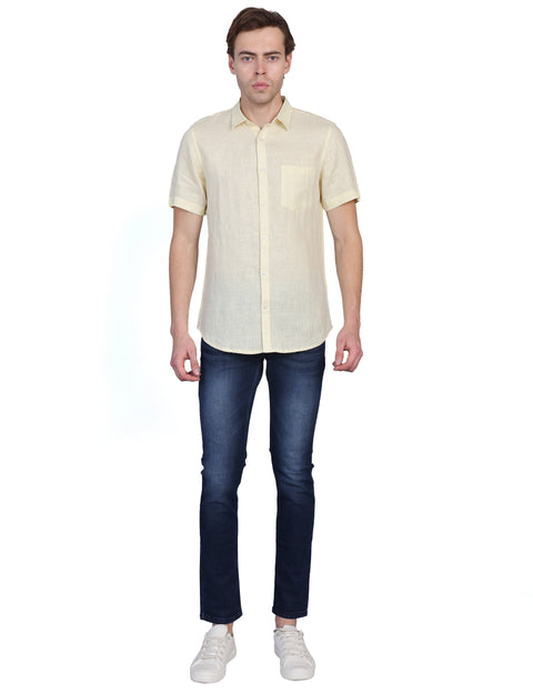 Wearhouse Men's Lemon Solid Half Sleeve Regular Fit Linen Blend Shirt