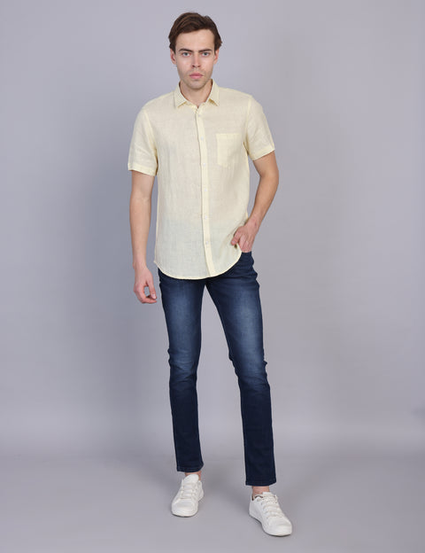 Wearhouse Men's Lemon Solid Half Sleeve Regular Fit Linen Blend Shirt