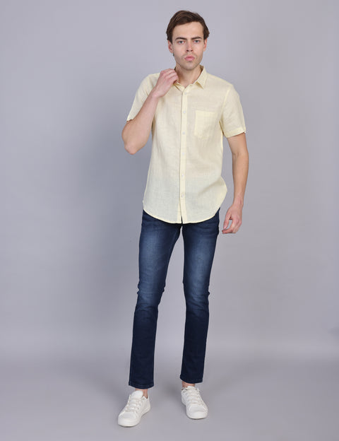 Wearhouse Men's Lemon Solid Half Sleeve Regular Fit Linen Blend Shirt