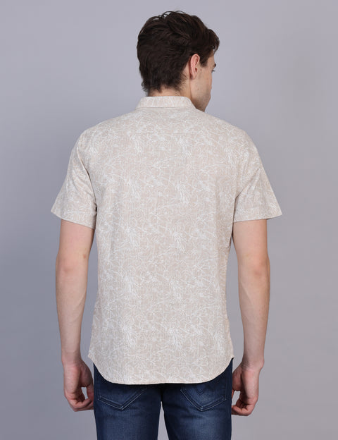 Wearhouse Men's Beige Print Half Sleeve Regular Fit Linen Blend Shirt