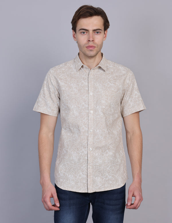 Wearhouse Men's Beige Print Half Sleeve Regular Fit Linen Blend Shirt
