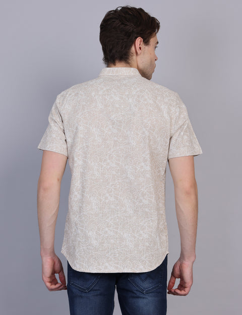 Wearhouse Men's Beige Print Half Sleeve Regular Fit Linen Blend Shirt