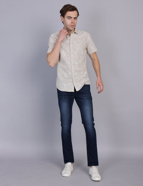 Wearhouse Men's Beige Print Half Sleeve Regular Fit Linen Blend Shirt