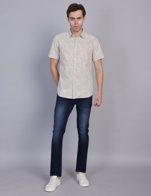 Wearhouse Men's Beige Print Half Sleeve Regular Fit Linen Blend Shirt