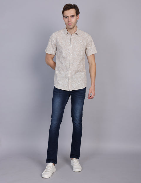 Wearhouse Men's Beige Print Half Sleeve Regular Fit Linen Blend Shirt