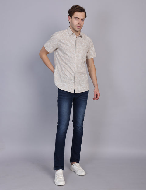 Wearhouse Men's Beige Print Half Sleeve Regular Fit Linen Blend Shirt