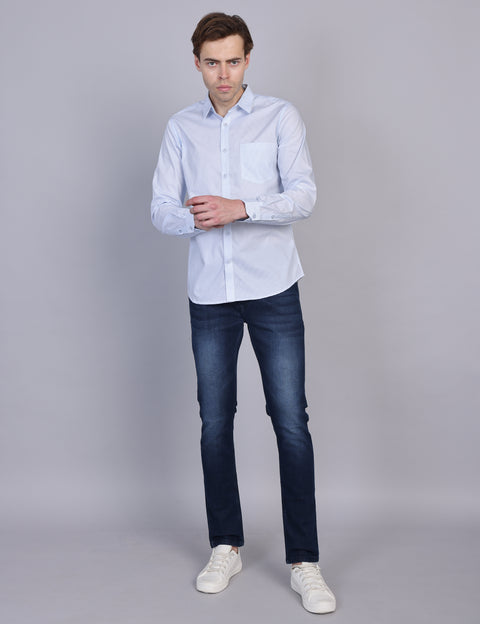 Wearhouse Men's White & Navy Print Full Sleeve Regular Fit Cotton Shirt