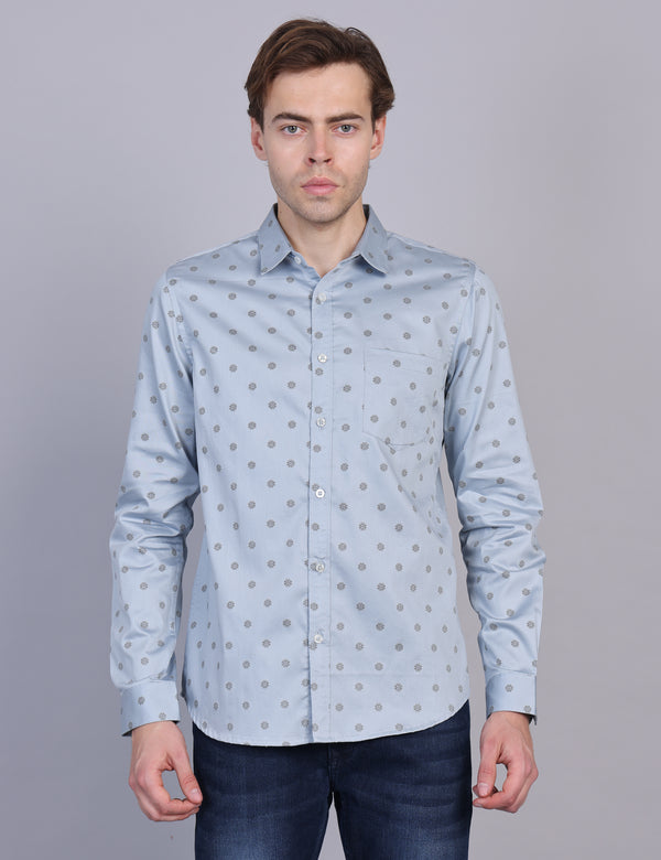 Wearhouse Men's Blue Printed Full Sleeve Regular Fit Cotton Shirt