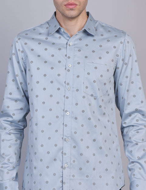 Wearhouse Men's Blue Printed Full Sleeve Regular Fit Cotton Shirt
