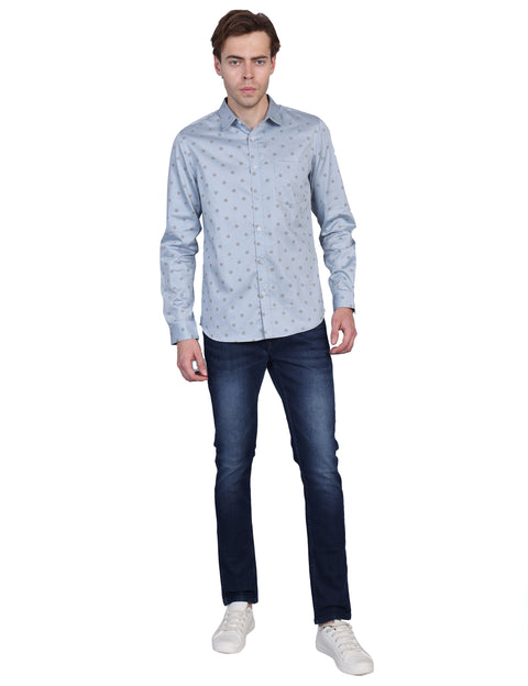Wearhouse Men's Blue Printed Full Sleeve Regular Fit Cotton Shirt
