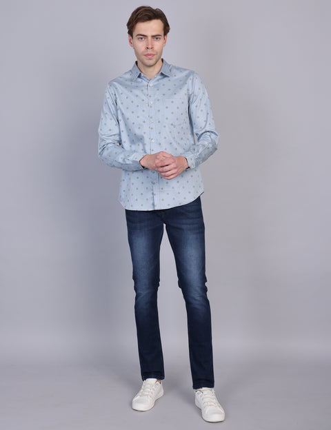 Wearhouse Men's Blue Printed Full Sleeve Regular Fit Cotton Shirt